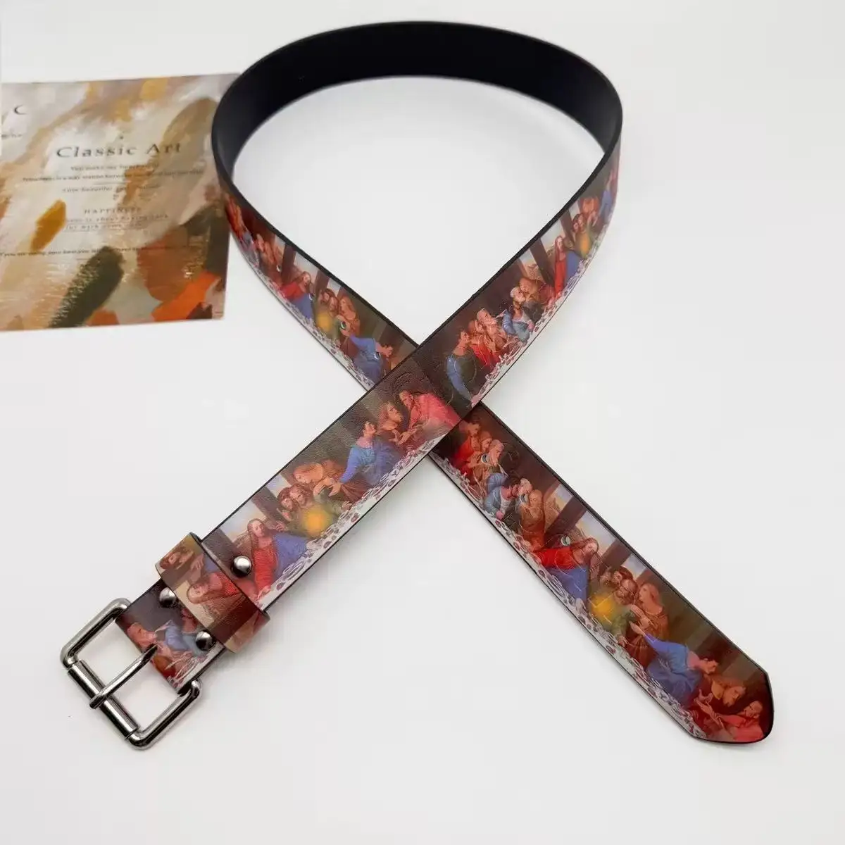 Retro Art Belt Themed by Last Supper Painting Adjustable PU Leather Waist Girdle Lightweight for Unisex Wear
