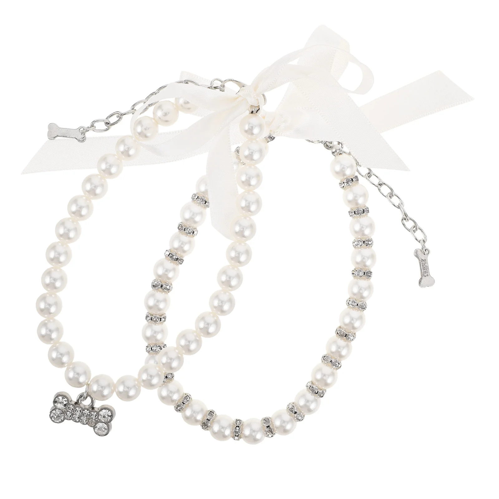 

2pcs Pet Decoration Collar: Adjustable Pearl Necklace For Small Dogs Cats With Bone Pendant Bow Fashion Jewelry For Daily Wear