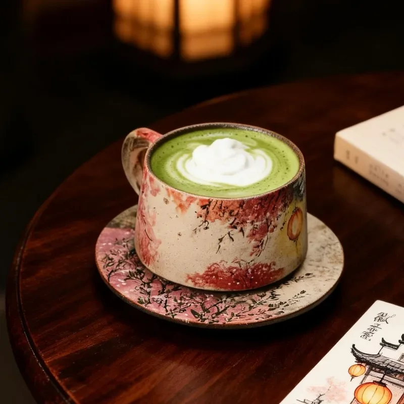 Large Capacity Coffee Cup with Saucer Hand-painted Red Lantern Household Spring Festival New Year Personal Cup