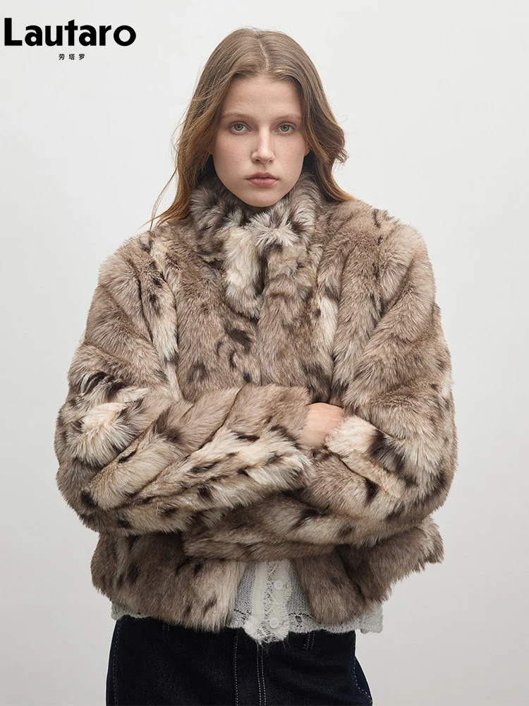 Lautaro Autumn Winter Short Leopard Print Warm Faux Fur Coat Women Stand Collar Luxury Designer Clothes Chic Fluffy Jacket 2026