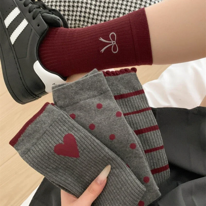 1/5pairs Cotton Ruffles Ankle Socks Women Retro Cute Kawaii Korean Stocking Girls  2024 Autumn and Winter Red Middle Tube Sox