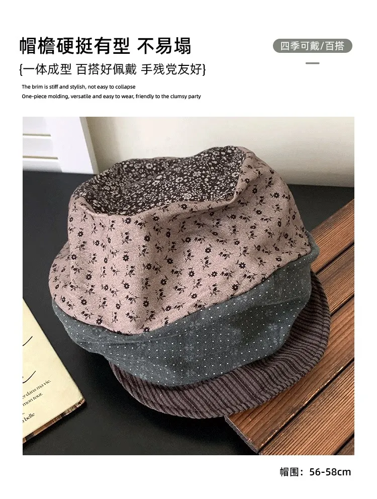 Vintage Mori Literaturstil Gespleißte Blumenmützen für Frauen Frühling Herbst Reise Freizeit Vielseitige Gesichtsform-Betonende Kleine Newsboy-Hüte – Detail 2