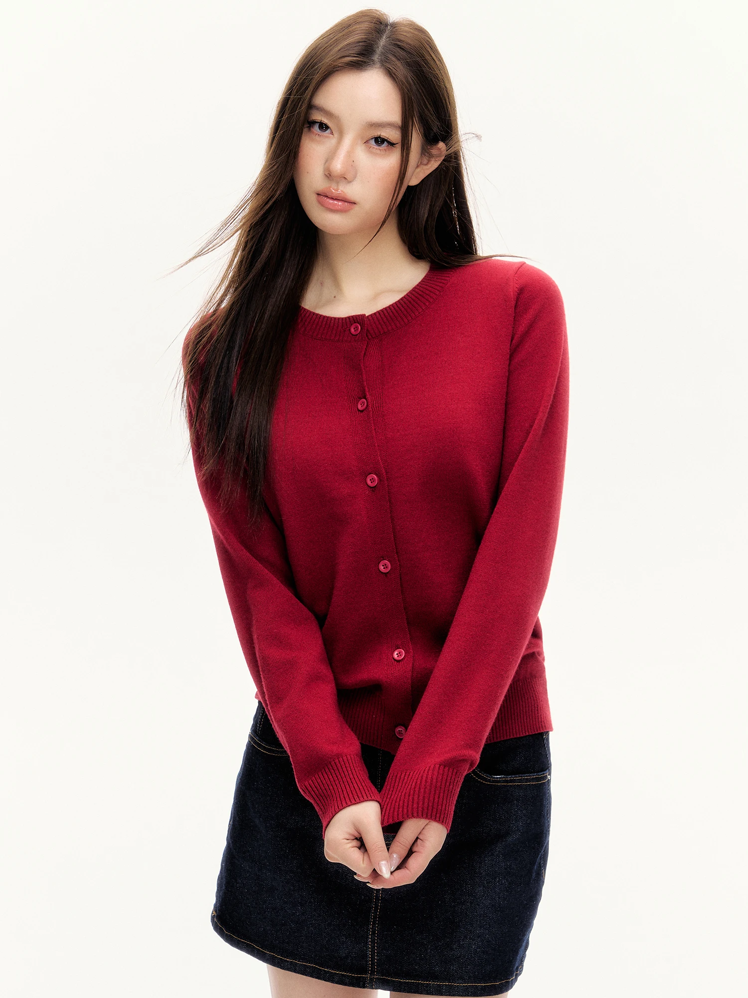 Red Knitted Open Cardigan Sweater Women's Loose Outerwear Spring 2025 American Retro Sle 0PASSION Commute Faion