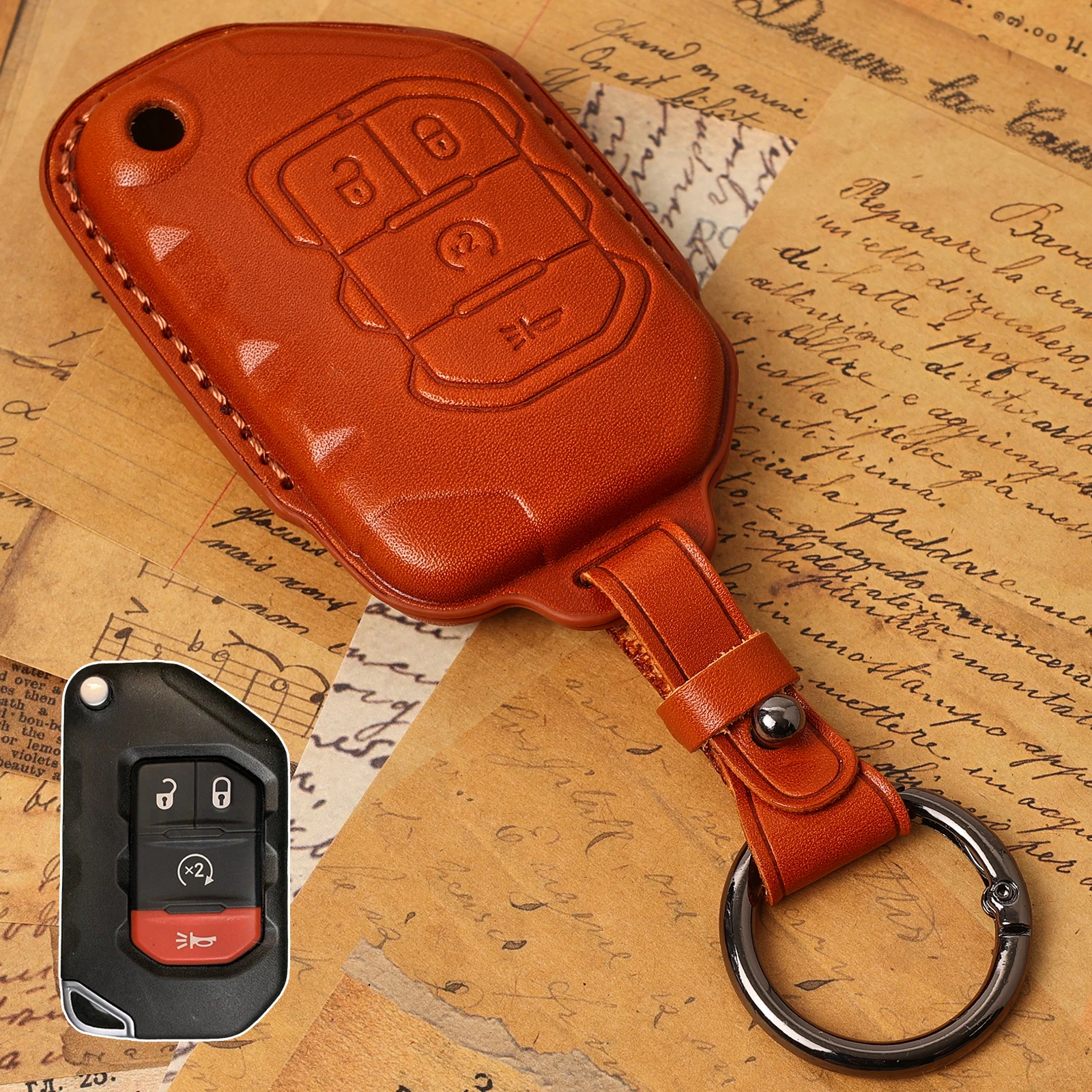 4 Button Genuine Leather Remote Car Key Fob Chain Ring Cover Case Shell Protect For Jeep Wrangler 2018 2019 2020 2021 2022 2023