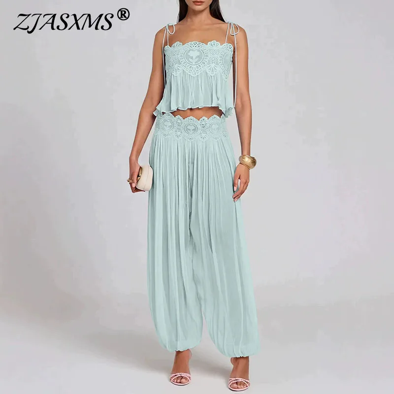Image of Boho Spitzenbesatz 2-teiliges Outfit Spaghetti-Träger Crop Top Hochgeschnittene Haremshose 2-teiliges Set Damen Sommer Einfarbiger Strand Durchsichtiger Anzug