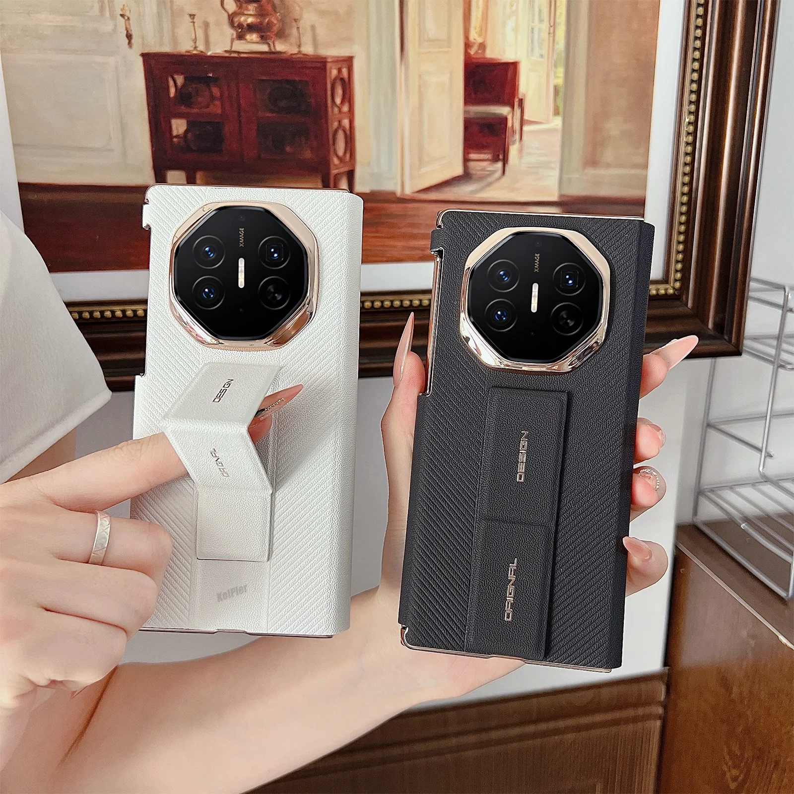 

Smart View Window Leather Flip Case for Huawei Mate XT Foldable Phone Wrist Strap Hand Grip Stand Electroplated Shockproof Cover