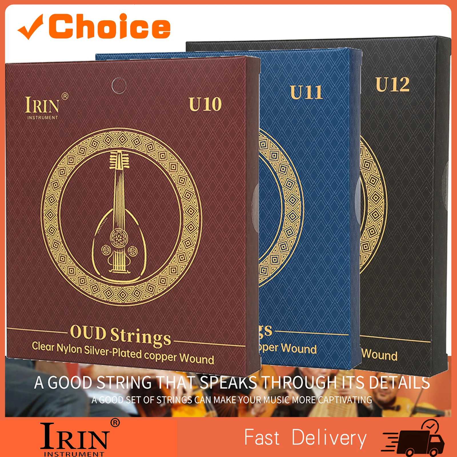 Oud Strings Set U-Series 10/11/12 Strings Turkey Oud Arab Lute Strings Nylon+Silver-Plated Copper Alloy Winding PU Coating