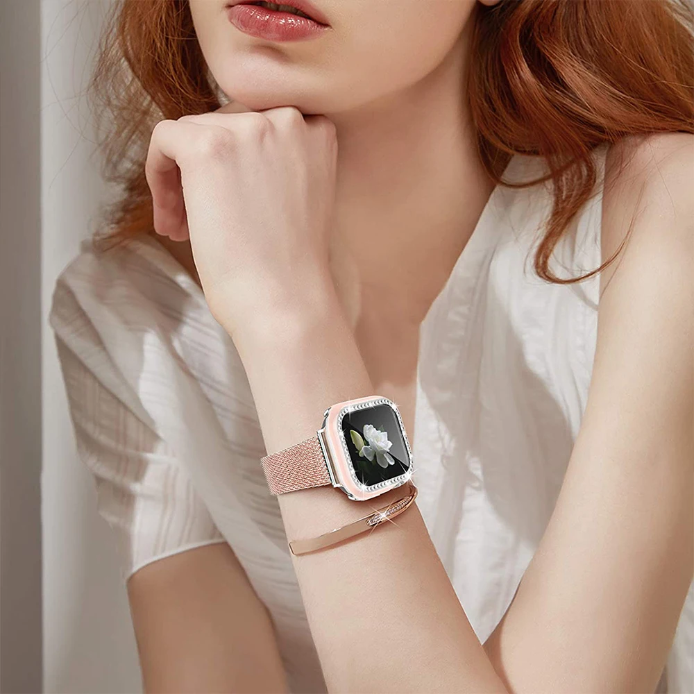 Diamond Cover for Apple Watch 44mm 40mm 42mm 38mm 45mm 41mm,Glitter Bumper Protective Case+Glass for iWatch Series 8 7 6 5 4 3SE