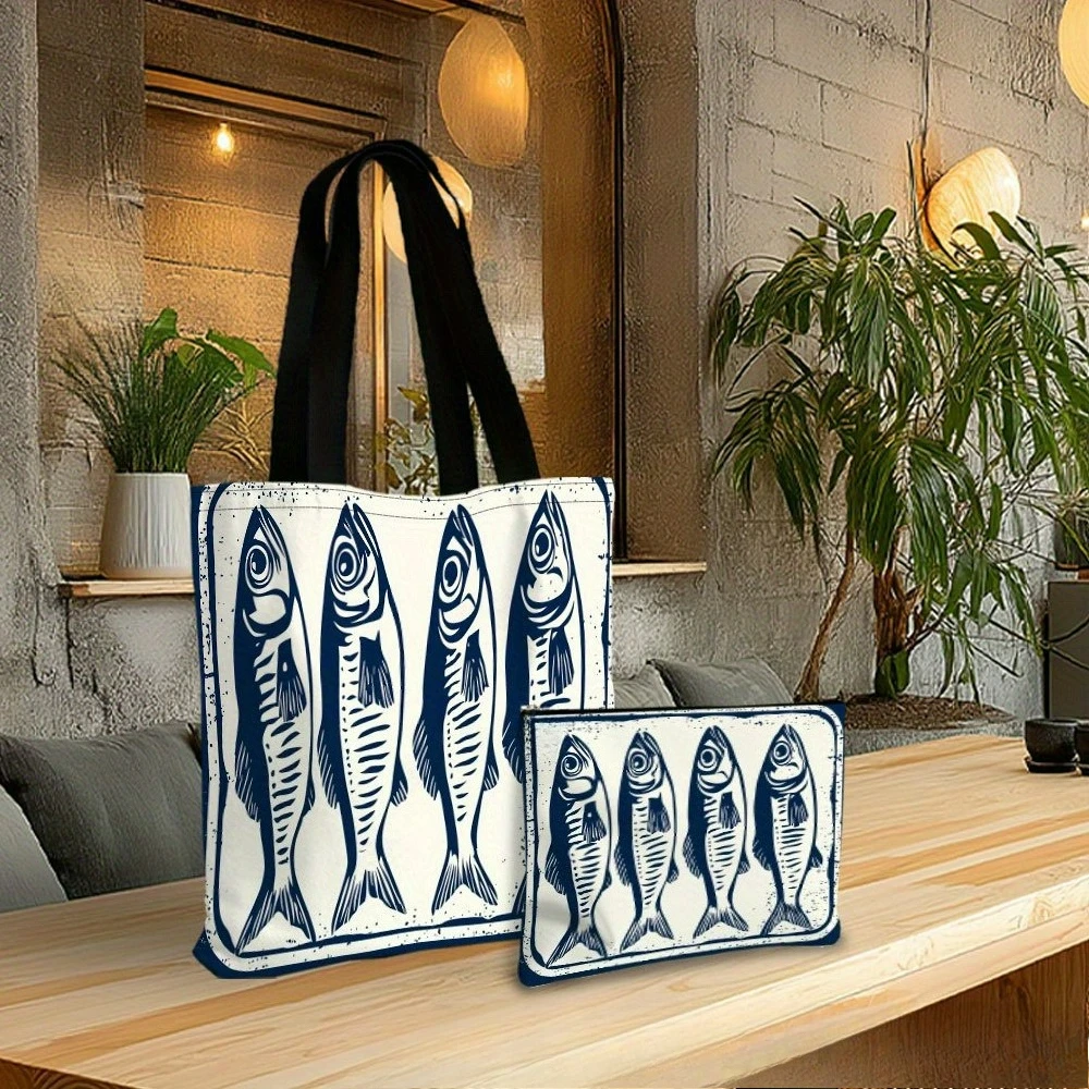 Sardine Artwork Blue White Tote Bag Beach Bags Makeup Bag Vibrant Design Spacious Shopping Bag Shoulder Bag Travel toiletry Bag