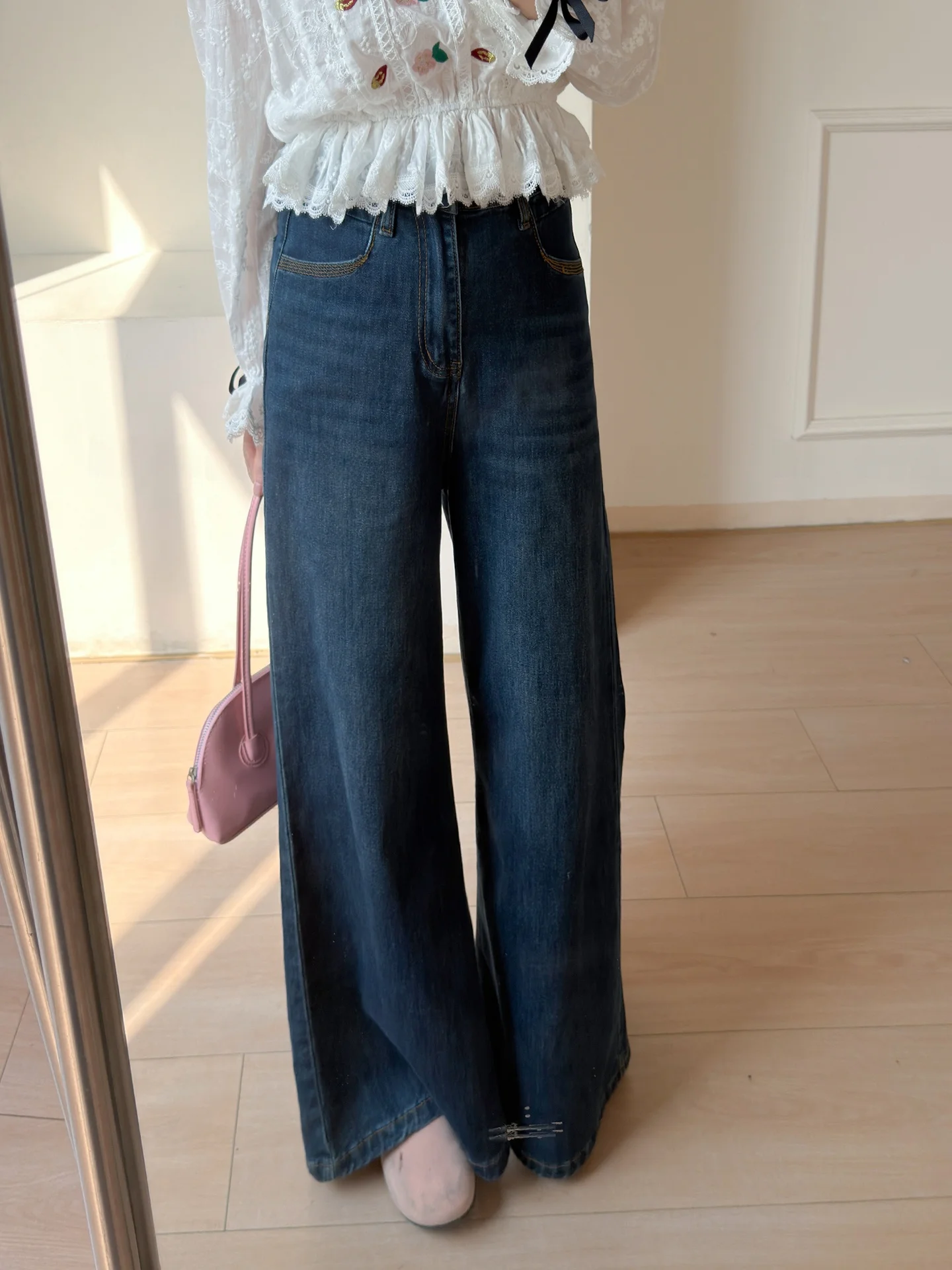 

High Waist Flared Jeans Women's Loose Straight Leg Blue Long Pants Spring Summer Floor Length Lazy Sle Casual Jeans