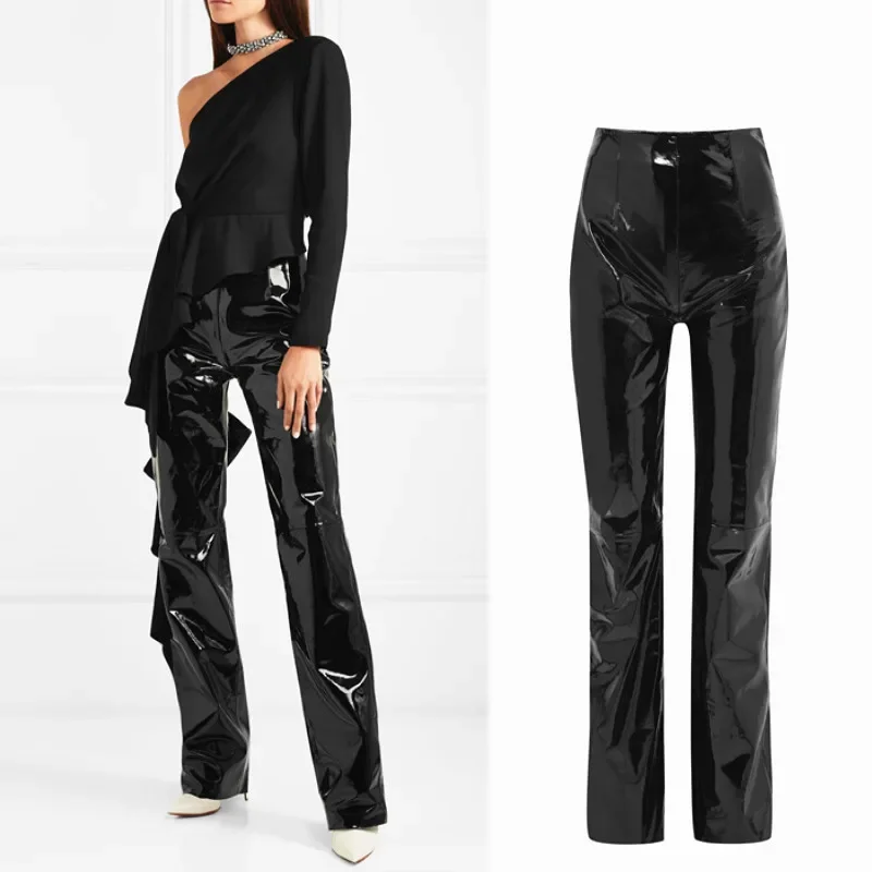 High Waist PU Leather Straight Pants Women Shiny Faux Leather Trousers Ladies Punk Faux Latex Pants Clubwear Spring New Custom