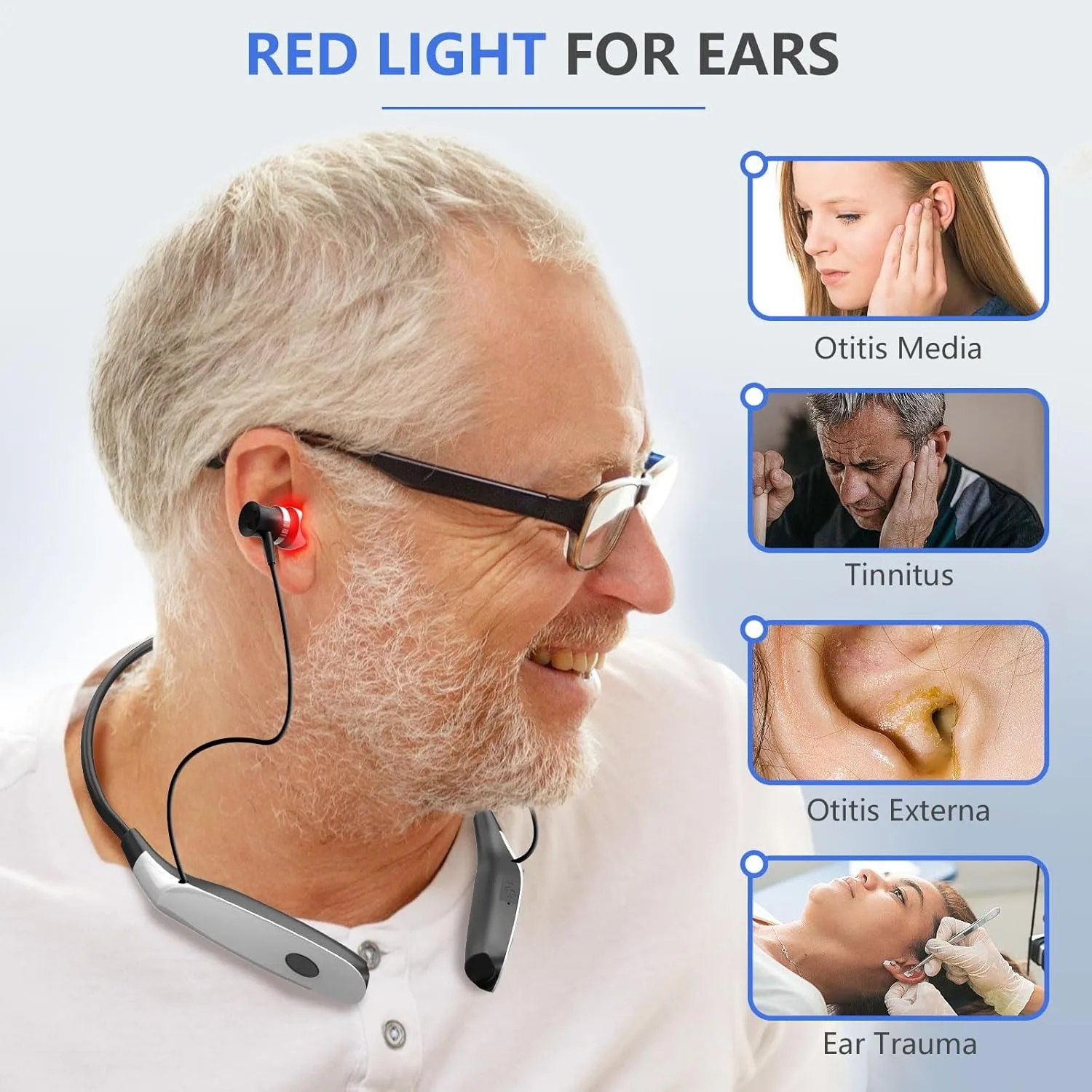 Tinnitus Ear Nasal Laser Therapy Device 650nm Red Light Neck-hanging Earplug Rechargeable 3 Levels Treatment for Otitis Rhinitis