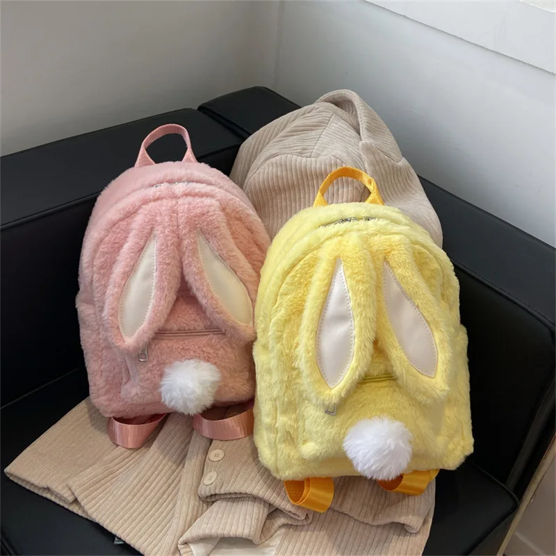 Women's Cute Bunny Plush Backpack, Soft Fuzzy Mini Backpack with Bunny Ears & Tail, Kawaii Casual Daypack for Teens & Adults