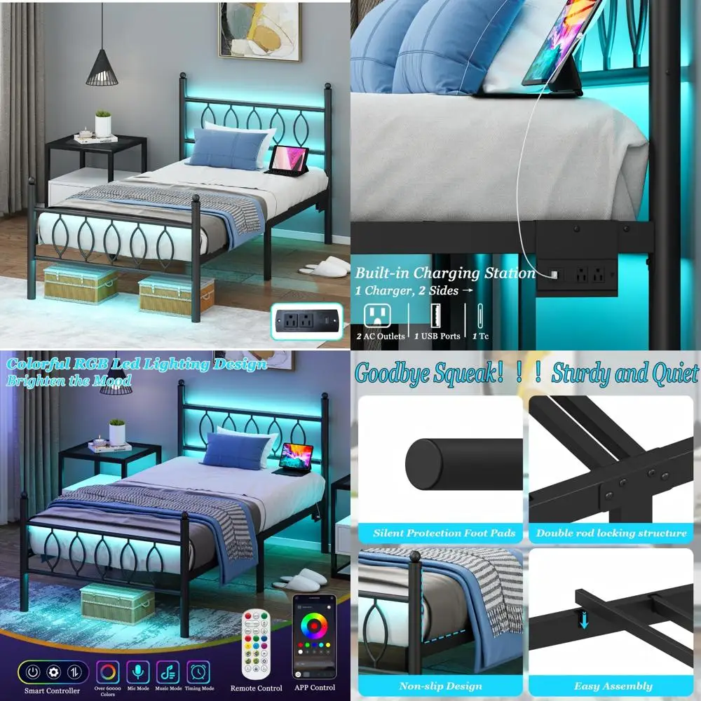 Twin Size Metal Bed Frame with Headboard, Charging Station, LED Lights, 12-Inch Under Bed Storage, Black Platform Bed Frame