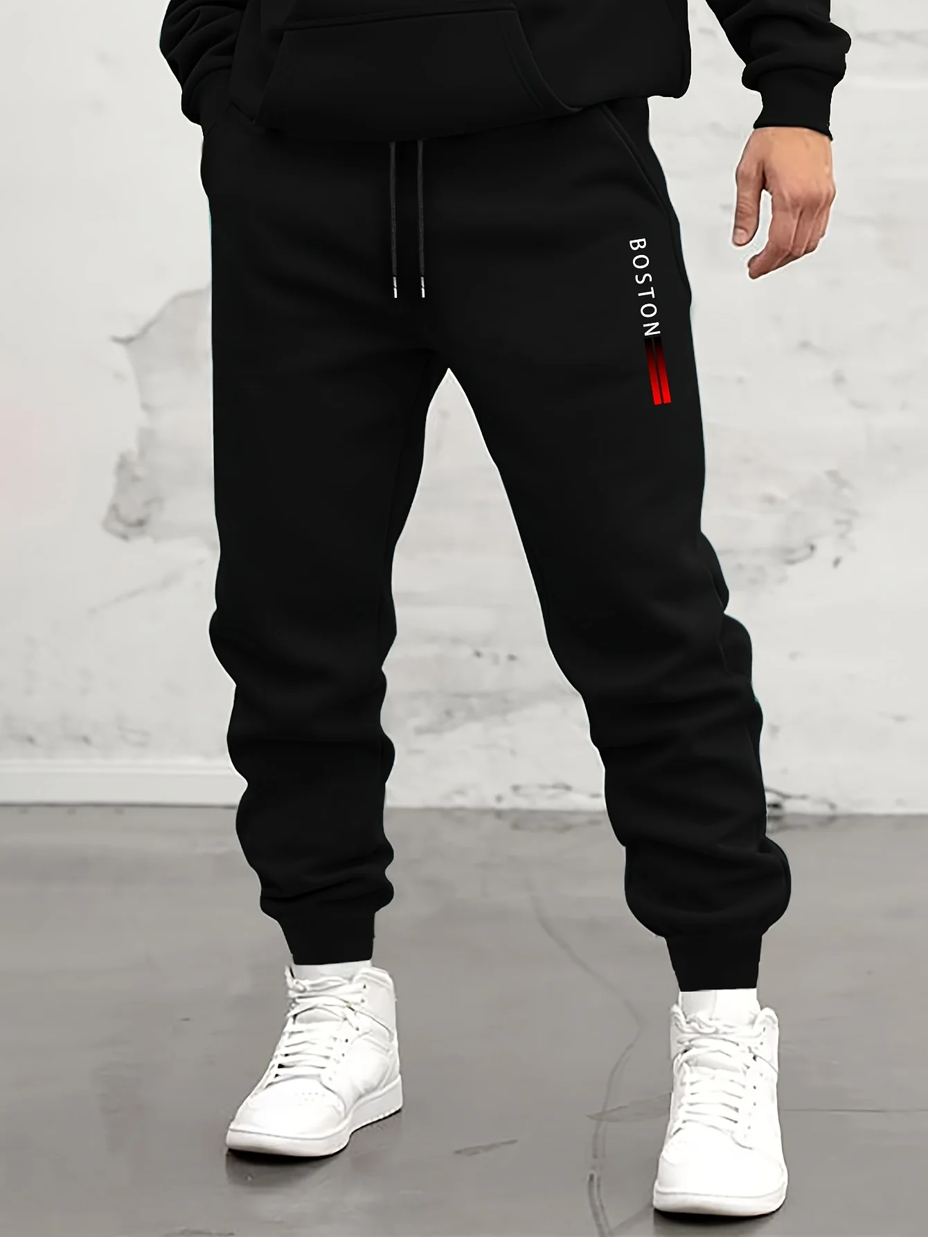 Urban Street Men Casual Sweatpants, Boston Vertical Text Detail, Elastic Cuffs, Drawstring Waist Hip Hop Jogger Trousers