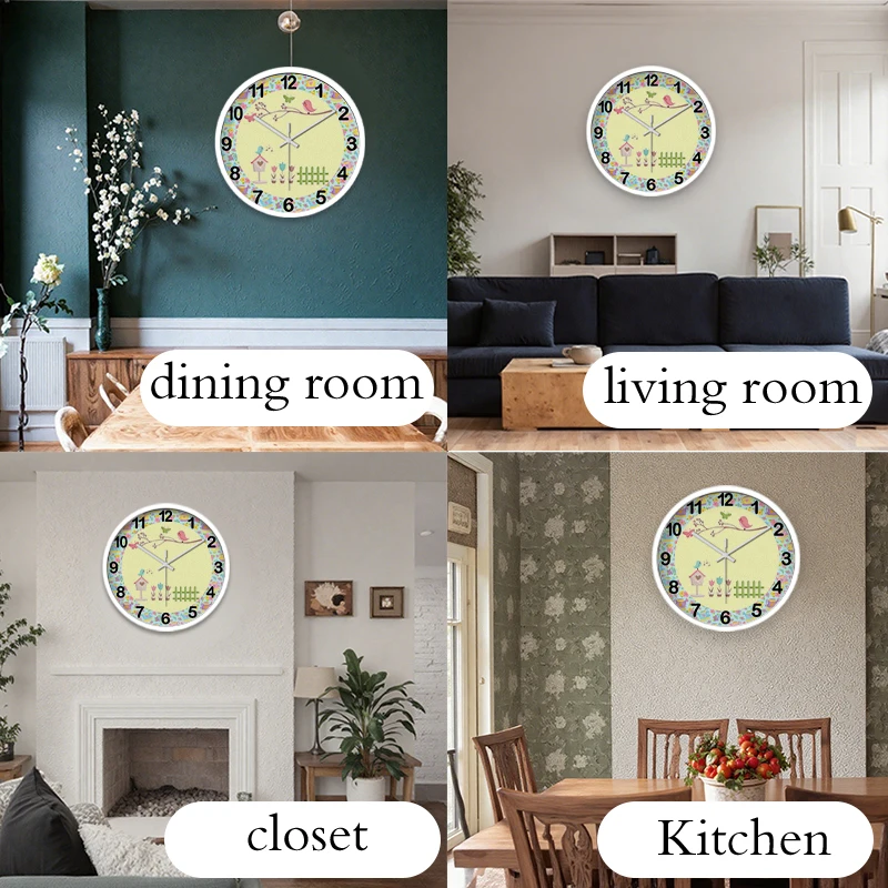 ساعة حائط معلقة مستديرة صامتة على شكل طائر الغناء، مناسبة لغرفة المعيشة والمدرسة وغرفة الدراسة وغرفة النوم وهدايا الأطفال