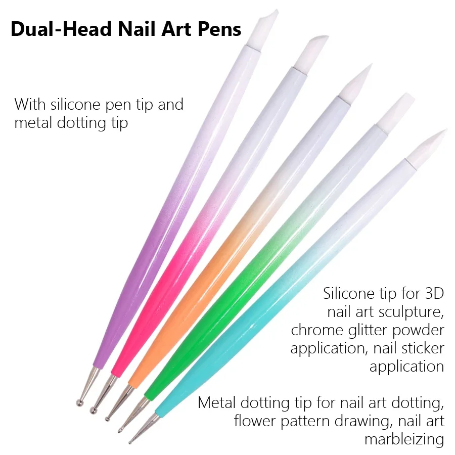 5Pcs Double-Headed Silicone Nail Art Pens Rhinestones Picker 3D Nail Carving Dotting Manicure Tools for Nail Art Design