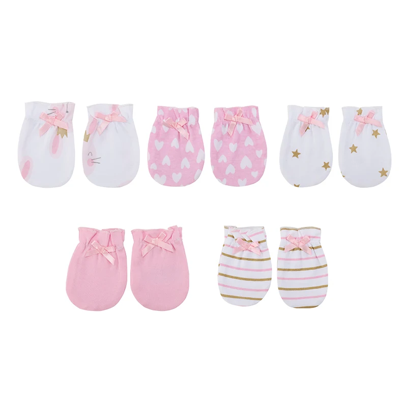 New Born Cotton 5Pieces Baby Girl Mittens 0-6M Cartoon Print Baby Boy Anti-Grabbing Gloves Infant Supplies Accessories Bebes