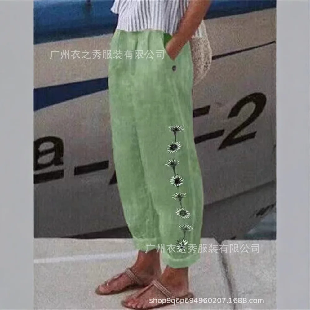 Hot Cotton Linen Elegant Vintage Floral Print Women Pants Elastic Waist Pockets Casual Streetwear Work Wear Loose Trousers 2025