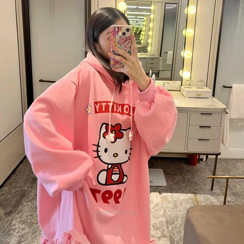 Sanrio Hello Kitty Trendy Mid Length Oversized Top Shirts Hooded Women Cute Loose Pullovers Y2k Autumn Winter Ruffled Hoodies