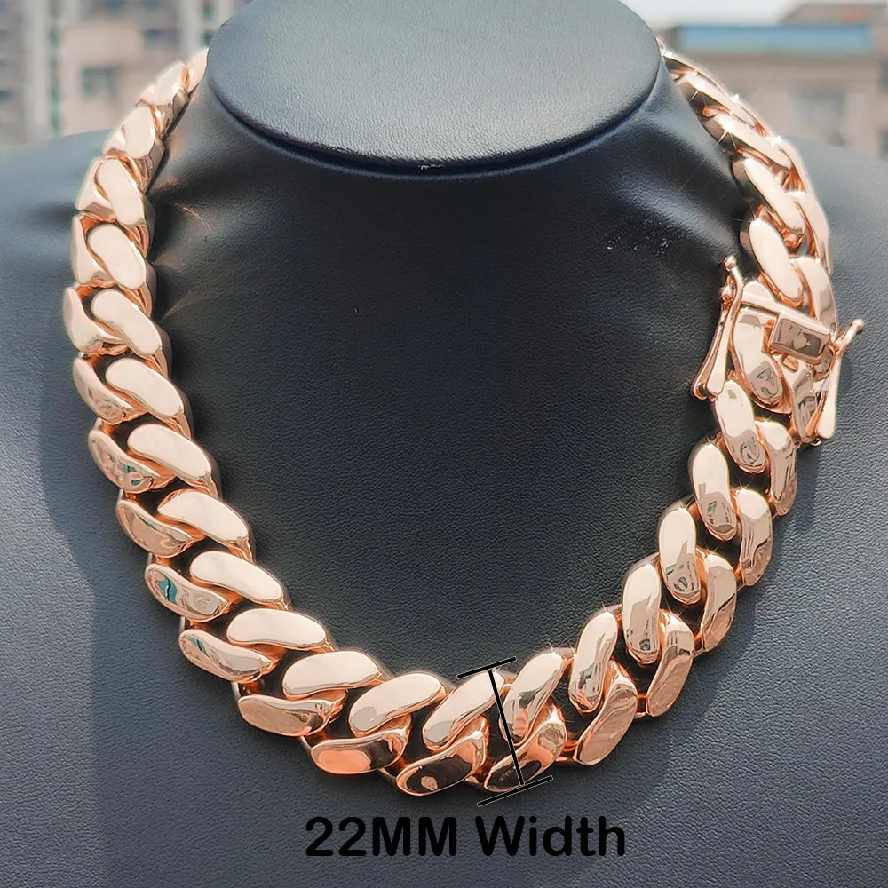 ESKEEM 12mm 15mm 22mm Cuban Necklace Rose Gold Plated Smooth Brass Cuban Link Chain Bracelet Hiphop Jewelry Men Women Gift