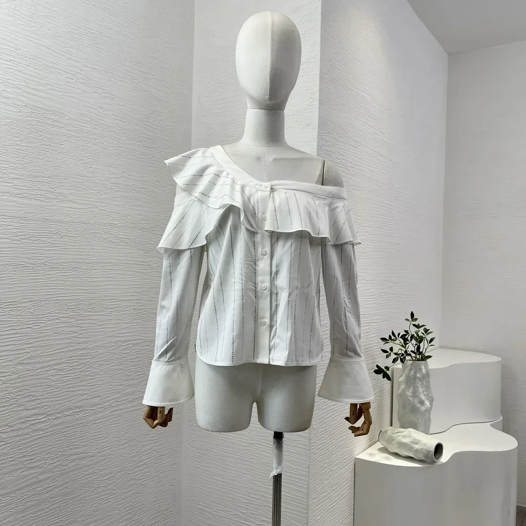 

High Quality Women's White Irregular Sloping Shoulders Ruffles Diamonds Summer New Design Blouse