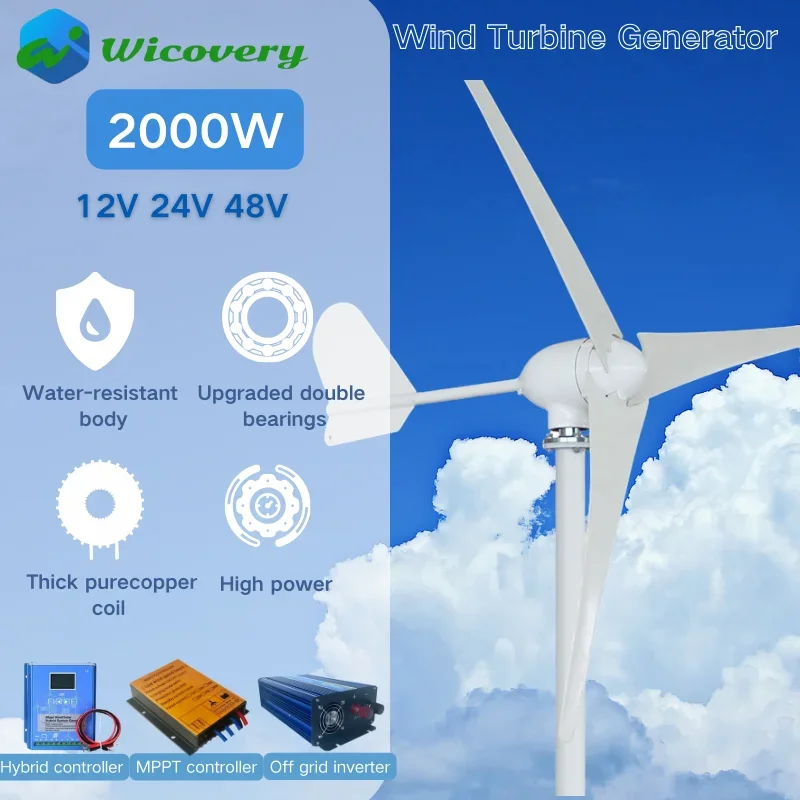 Wicovery 5000w Windmill Turbine Generator Kit 5kw Power 3Blade 24V 48V With MPPT Controller Off Grid Inverter System for home