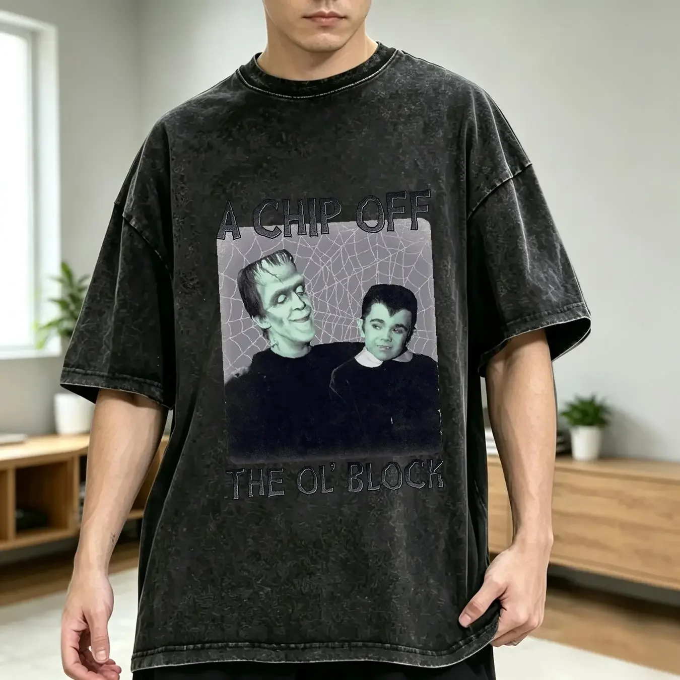 washed T Shirt The Munsters Chip Mens Licensed Classic TV Show Eddie Sport Grey vintage Washed Soft Versatile designer clothes