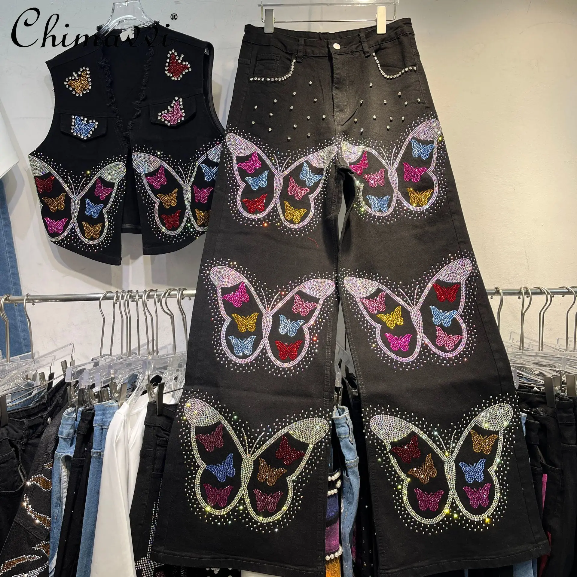 

European Large Size Sleeveless Denim Vest Top Black Skinny Wide Leg Pants Summer Heavy Butterfly Hot Diamond Women's Two-piece