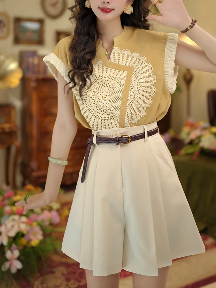 

Fashionable V-Neck Color Block Top And Skirt Two-Piece Set for Women Elegant Summer Outfit Short Sleeve Cotton Ensemble