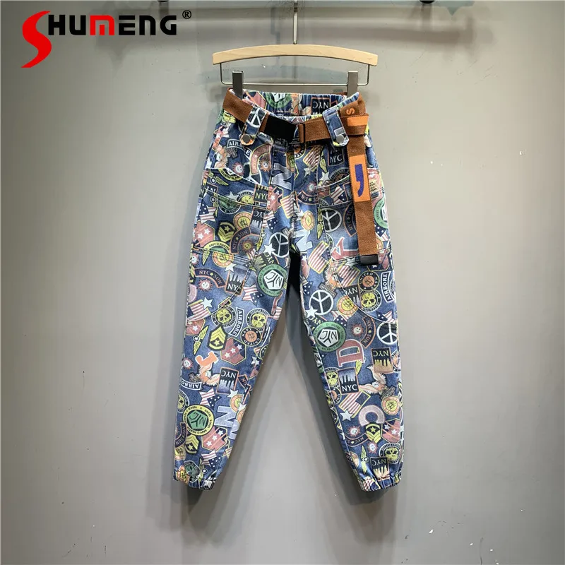 2022 Spring Summer Personalized Cartoon Pattern Ladies Denim Harem Pants Korean Women New High Waist Loose Limming Skinny Jeans