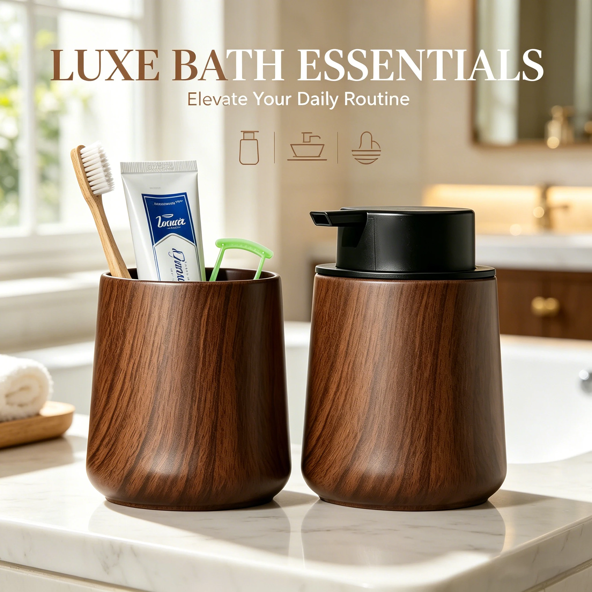 Elegante Juego de Baño - Dispensador de Jabón Líquido y Portacepillos de Dientes, Multiusos para Baño, Cocina, Cómoda, Decoración Rústica para el Hogar