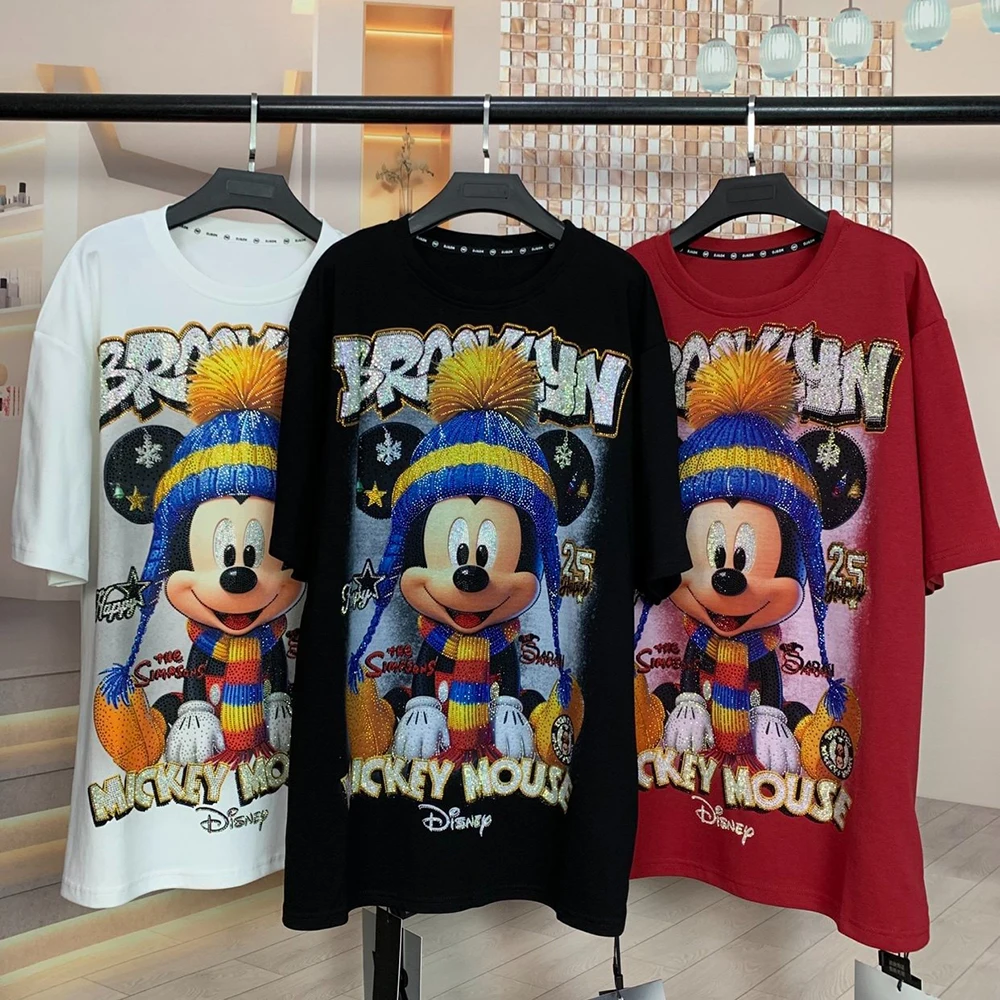 

plus Size High Quality Rhinestone Mickey Cartoon Anti-Aging Short Sleeve T-Shirt Unisex Loose Fit