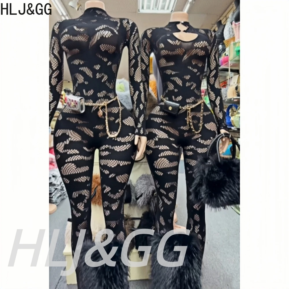 HLJ&GG Sexy Spitzen-Overall mit Durchsichteffekt, figurbetont, einteilig, für Damen, Rundhalsausschnitt, lange Ärmel, schmale Playsuits, modische, dehnbare Overalls