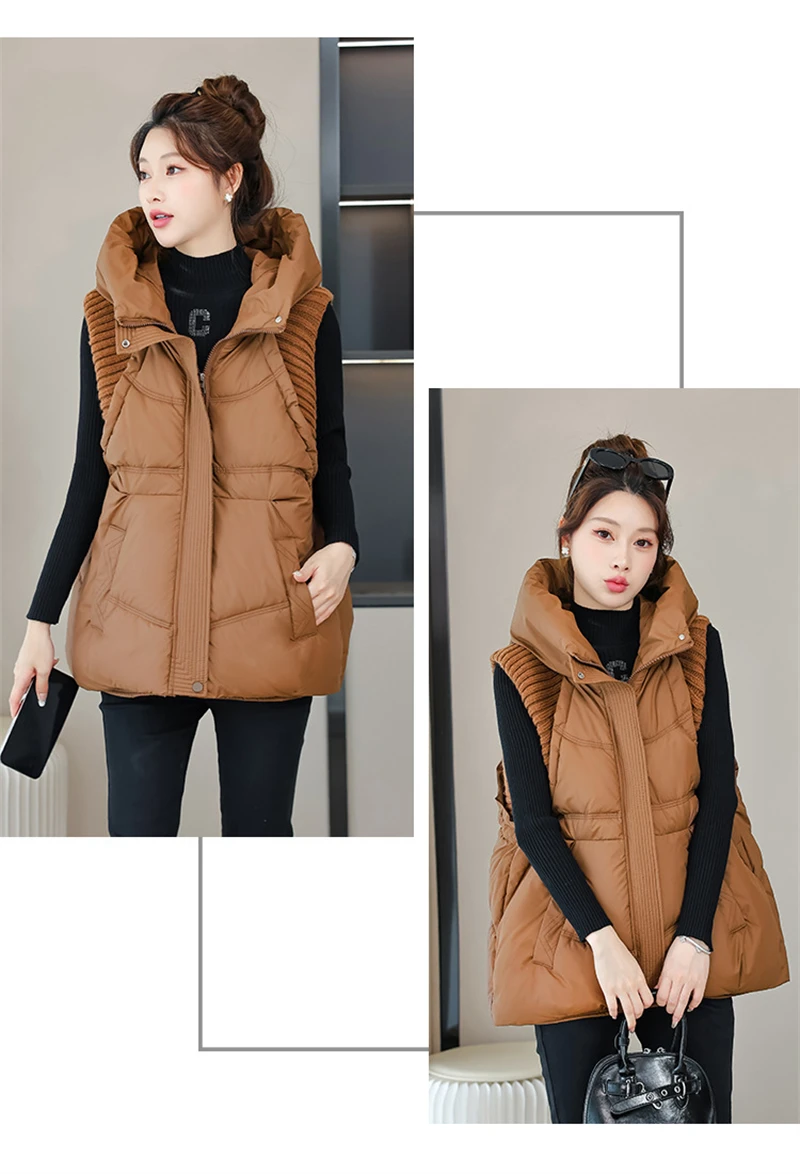A-word Vest Down Cotton Padded Jackets Short Waistcoat Mid-Length Slim Hooded Autumn Winter Jackets Solid Women's Coats Trend