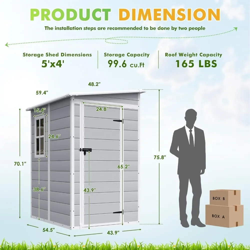 Cobertizo de almacenamiento al aire libre, cobertizo de resina plástica de 5x4 pies con suelo, herramienta de jardín con puerta bloqueable para Patio trasero y césped