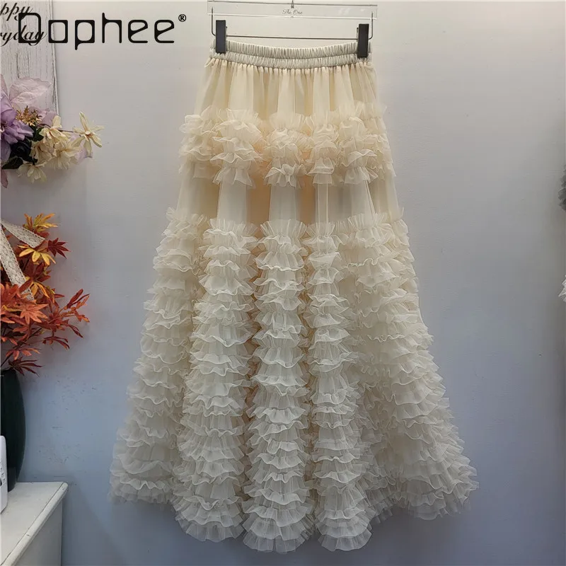 

French Elegant Style Multi-layer Pleated Cake Skirt Mesh Patchwork Half Skirt Sweet Fashion A-line Puffy Mid-length Skirt Women