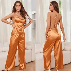 Solid Sexy Summer Pajamas Ice Silk Sleepwear Loose Women 2PCS Fashion Women's Home Wear Sleeveless Top With Long Pants Set