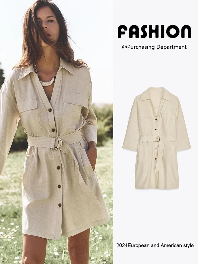 

Spring New Arrival Women's Slimming Dress with Belt Mixed Fiber Single Button Design ZA2025 Elegant Fashionable Gown