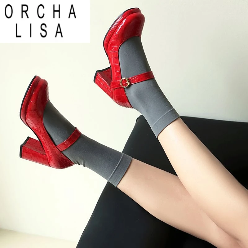 

ORCHA LISA Брендовые женские туфли-лодочки Мэри Джейн с круглым носком на блочном каблуке 8 см на платформе с пряжкой и ремешком, большой размер 43, 44, блестящая милая обувь для свиданий