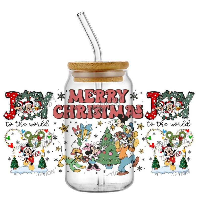 Miniso UV DTF Transfer Aufkleber Mickey Family Weihnachtsmuster Wasserfeste Aufkleber für 16oz Glasbecher Wickelaufkleber