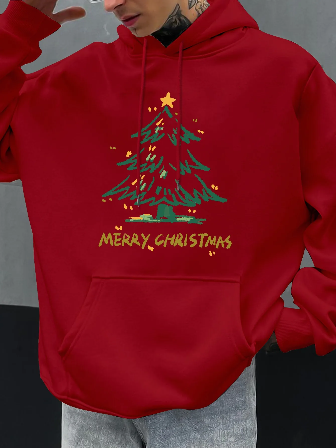 Christmas Tree Printed Mens Fleece Hoodies Warm Winter Athletic Sportswear Sweatshirt Holiday Loose Workout Pullover Top