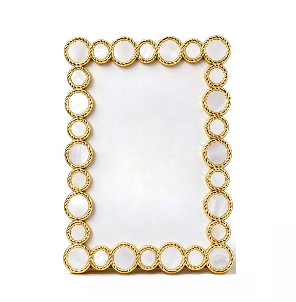 Golden Metal Picture Frame Accented with Round Natural Shell for Timeless For Home Styling Options 6 inch and 7 inch