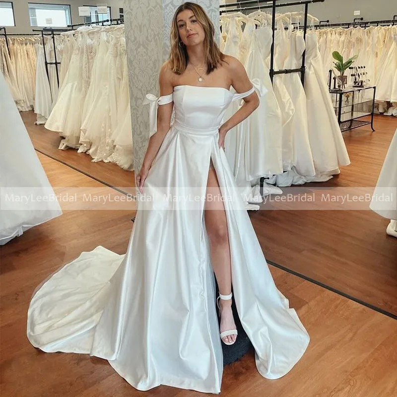 

Simple Off Shoulder Boho Wedding Dresses with Bow Strap Long White Satin Sexy Side Slit Beach Bridal Gowns Princess Vestidos