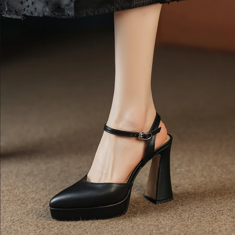 11CM Soft Leather Pointed High Heels for Women Summer 2026 New Retro One-strap Buckle Platform Chunky Heel Closed-toe Sandals