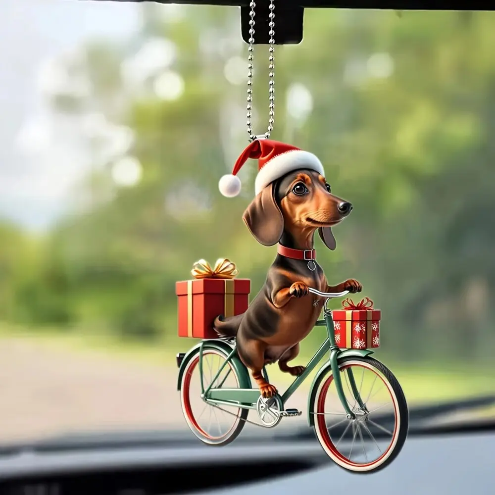 1pc Christmas Riding Dog Acrylic Hanging-Holiday Vintage Bike with Gift Car and Bag Keychain Decoration