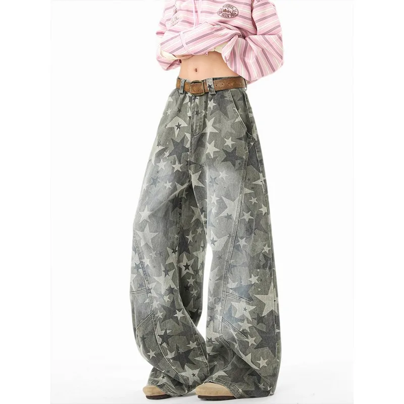 American Style Women's Deconstructed Cargo Jeans 2026 New Star Print Loose Wide Leg Casual Streetwear Baggy Denim Pants