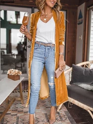 Women Solid Long Sleeve Velvet Jacket Lapel Collar Open Front Long Cardigan Coat With Pockets Fall Fashion Outerwear Maxi Duster