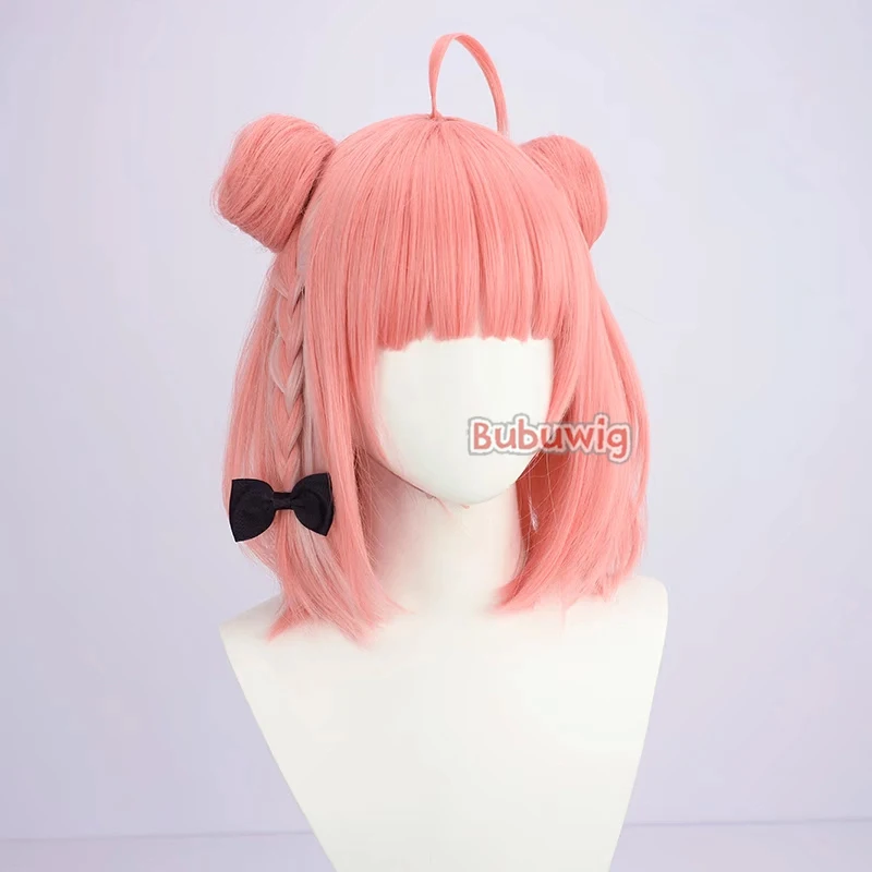 Bubuwig Synthetic Hair Sasaki Saku Cosplay Wigs With Buns Virtual YouTuber Sasaki Saku 35cm Short Pink Cos Wig Heat Resistant