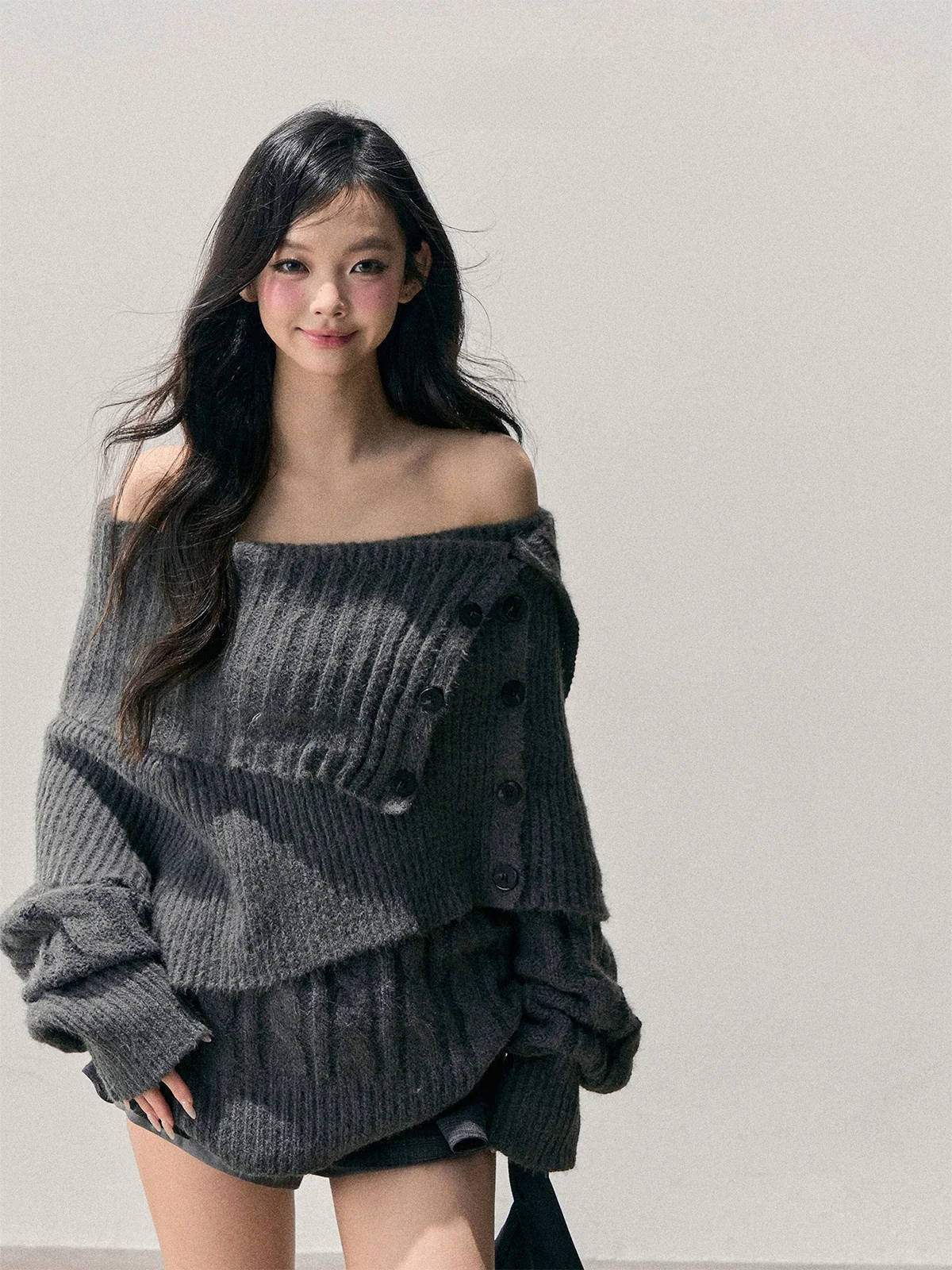 

AOMALM Korean Style Knitted Sweater Women's One Shoulder Two Piece Set Winter Slimming Loose Fit Commute Style Polyester Fiber